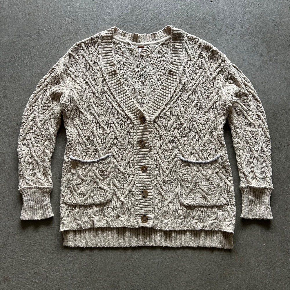 Free People Montana Cardigan Sweater Women's Medium Tan Cable Knit Oversized